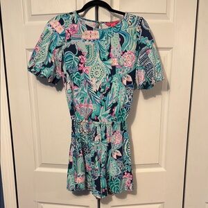 Lilly Pulitzer Britton Romper in Lookin Sharp Blue Green Pink